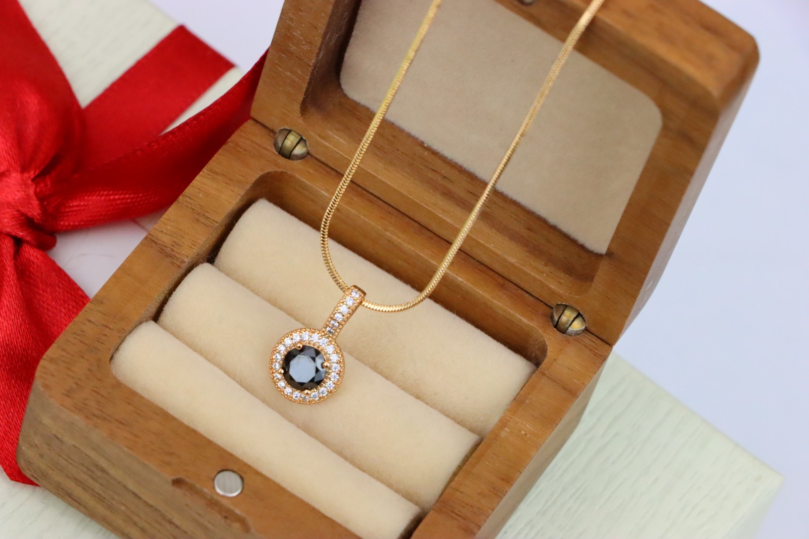 with Crystal Halo for Women, XPPT1740 Gold Plated Black Round Pendant