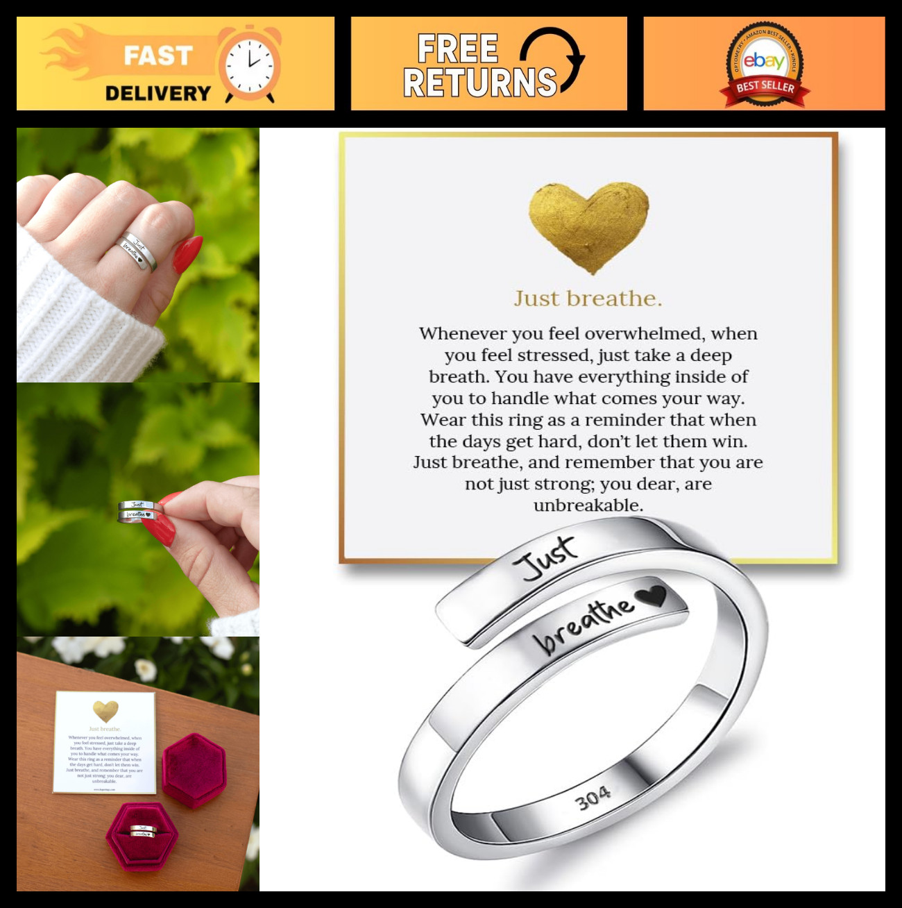 Adjustable Heartfelt Just Breathe Ring – 999 Pure Silver & Stainless Steel – Gif