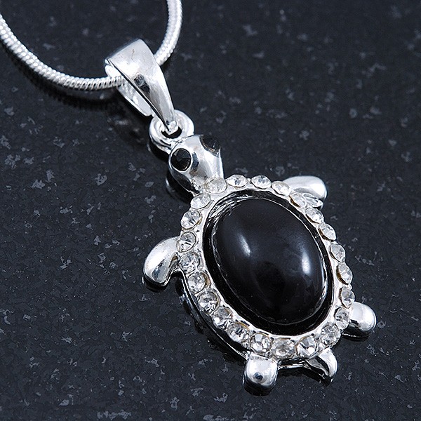 Small Crystal ‘Turtle’ Pendant With Silver Tone Snake Chain – 40cm Length/ 7cm