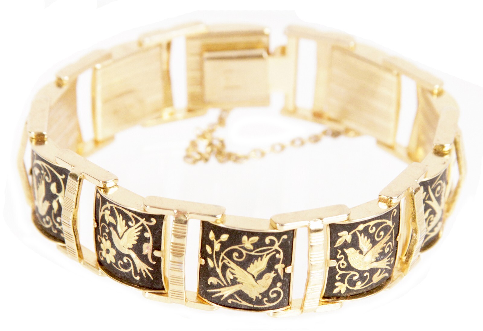Vintage Spanish Toledo Bird Pattern Damascene Gold Plated Link Panel Bracelet