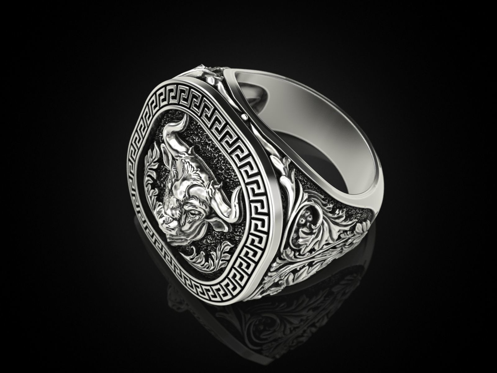 Oxidized Men’s Greek Ornament Pattern Bull 925 Sterling Silver Statement Rings