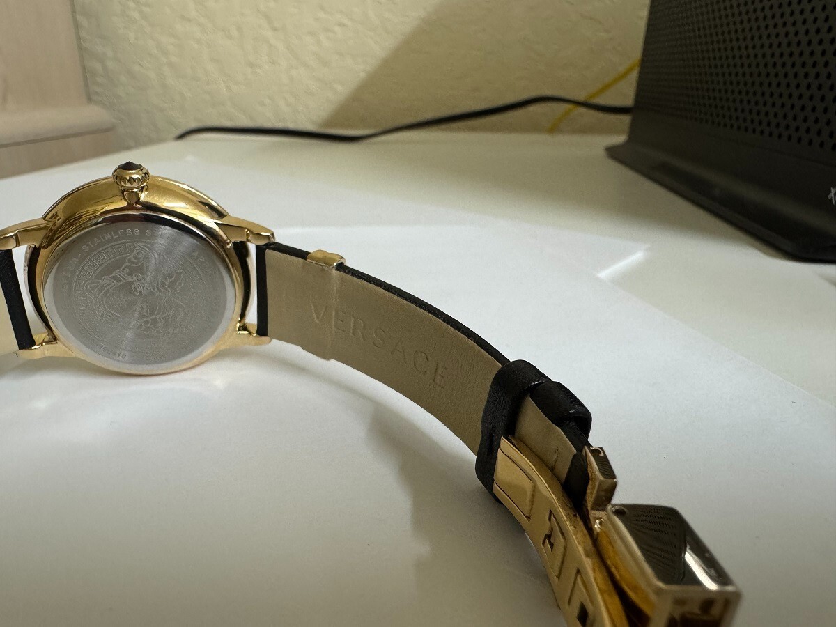 Versace Medusa Icon Yellow gold tone black leather band watch 38mm