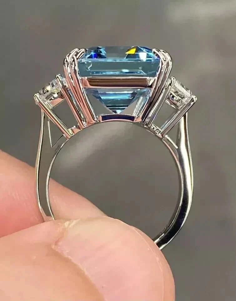 5Ct Emerald Cut Lab Created Blue Topaz Engagement Ring In 14k White Gold Plated
