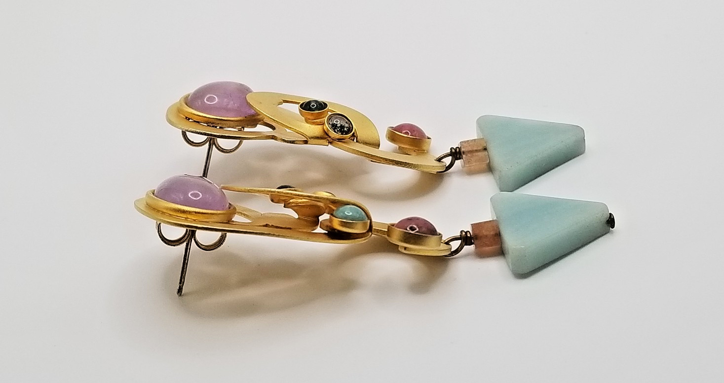 Vintage Gale Rothstein Semi-Precious Stones Gold Plated Dangle Pieced Earrings