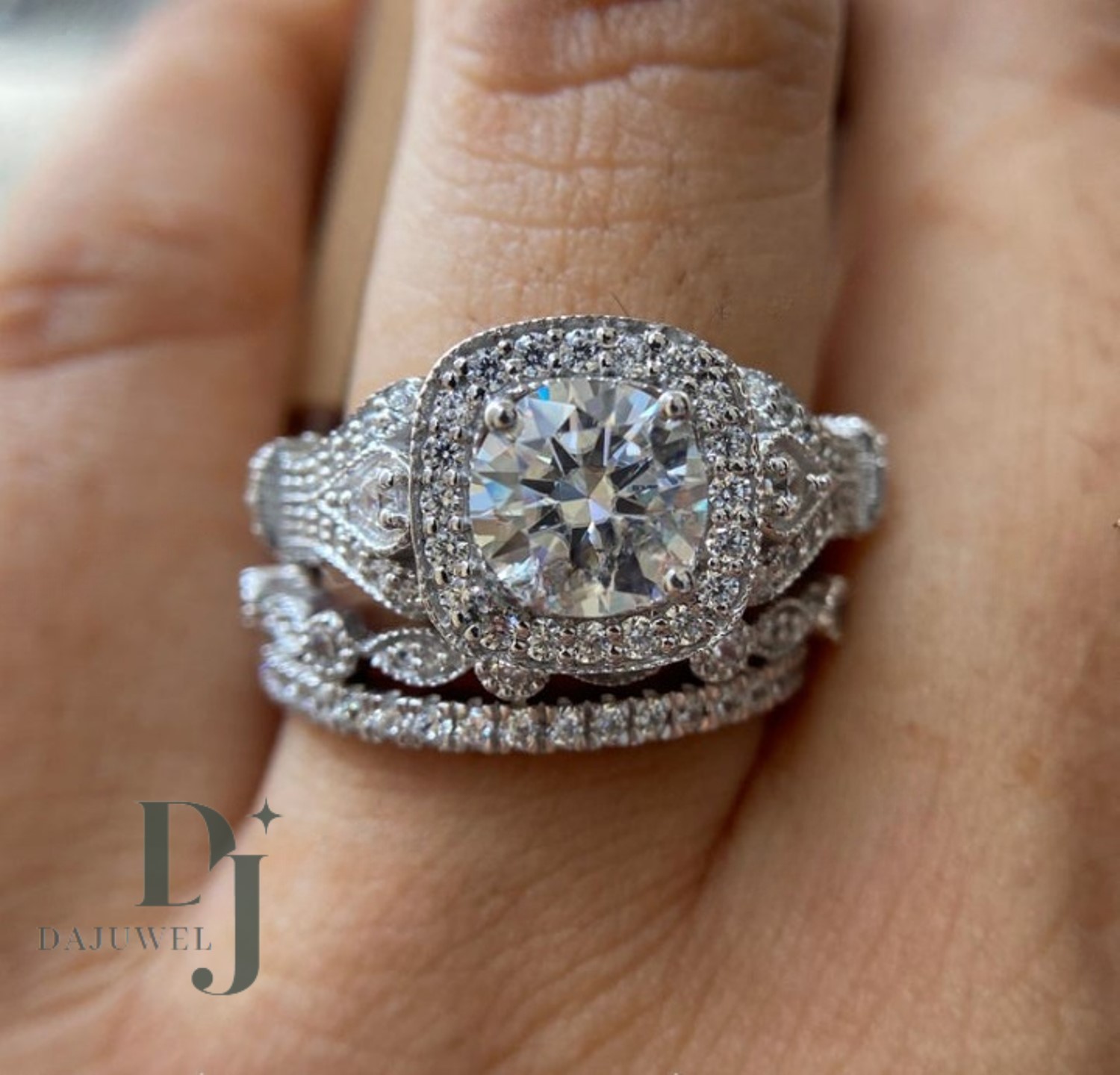 3.30 CT Round Cut VVS1 Moissanite Trio Set Engagement Ring Solid 14K White Gold