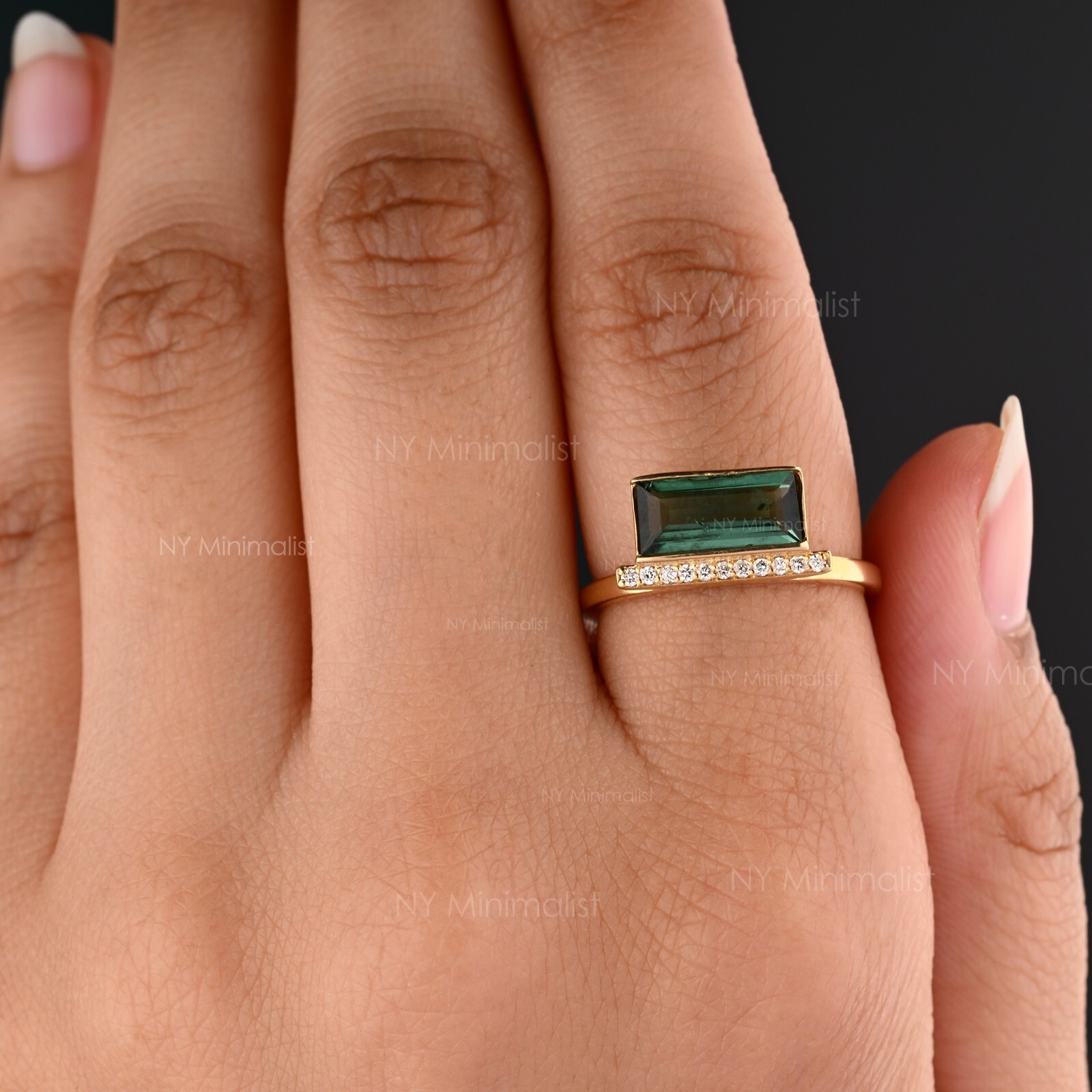 Horizontal Baguette Green Tourmaline and Pave Diamond Bar Ring In 14K Solid Gold