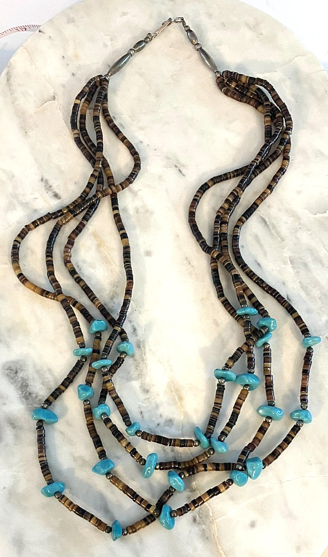 Heavy Native American Turquoise Nugget Heishi Long Strand Necklace 67.2g, 29″