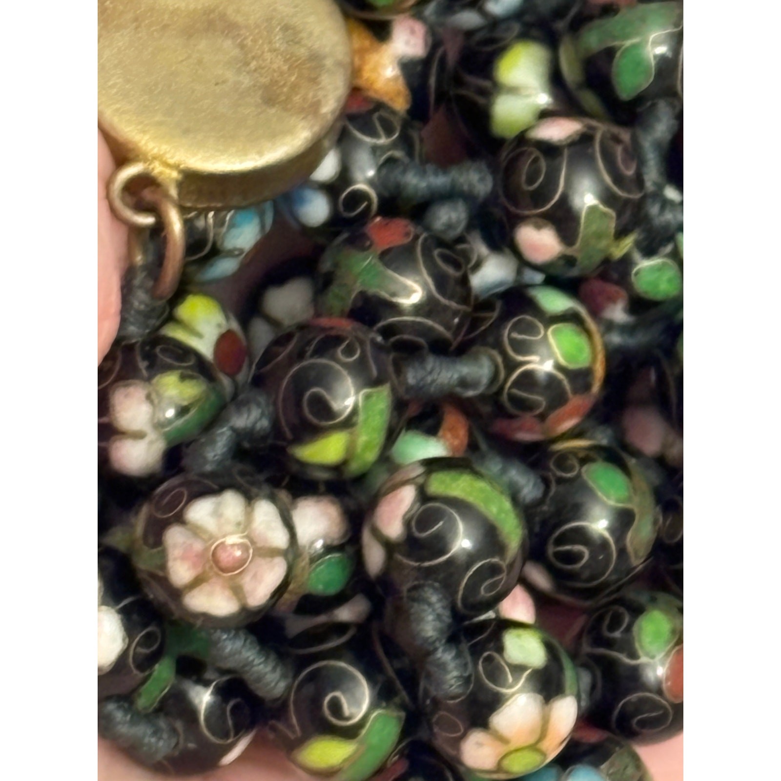 Vintage Chinese Cloisonne Bead Necklace 30in Double Knotted Silk 8mm