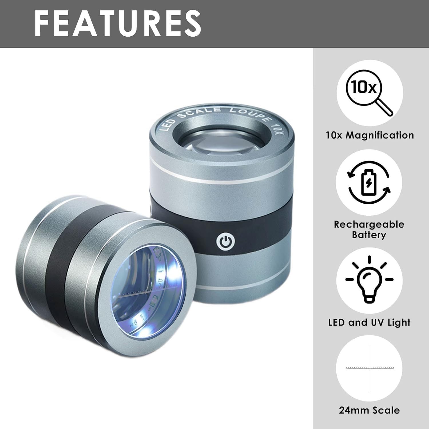 10X Jewelers Loupe Magnifier with LED/UV Lights and Scale, USB Rechargeable J…