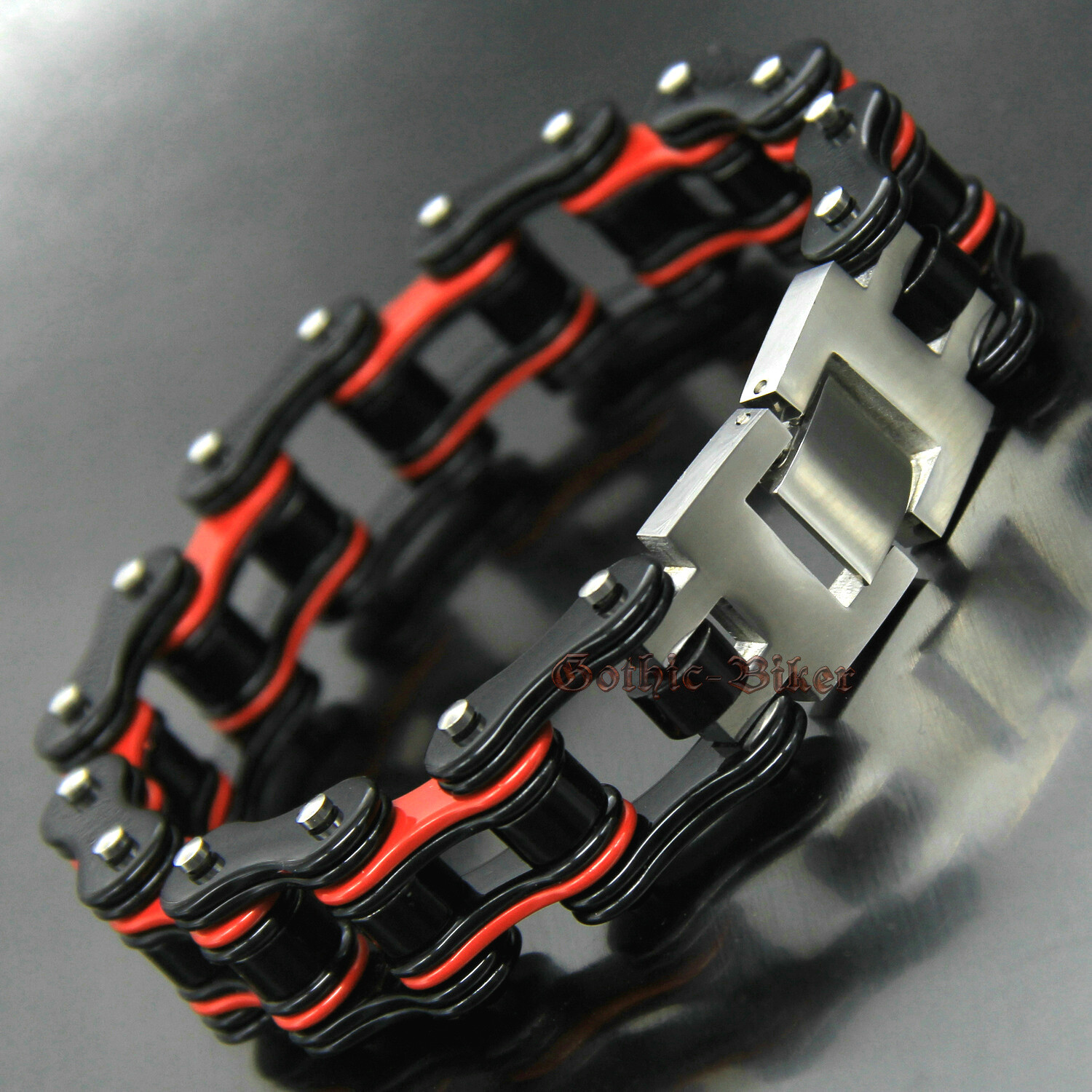 Mens Stainless Steel Motorcycle Bike Chain Link Bracelet Heavy Biker Black/Red
