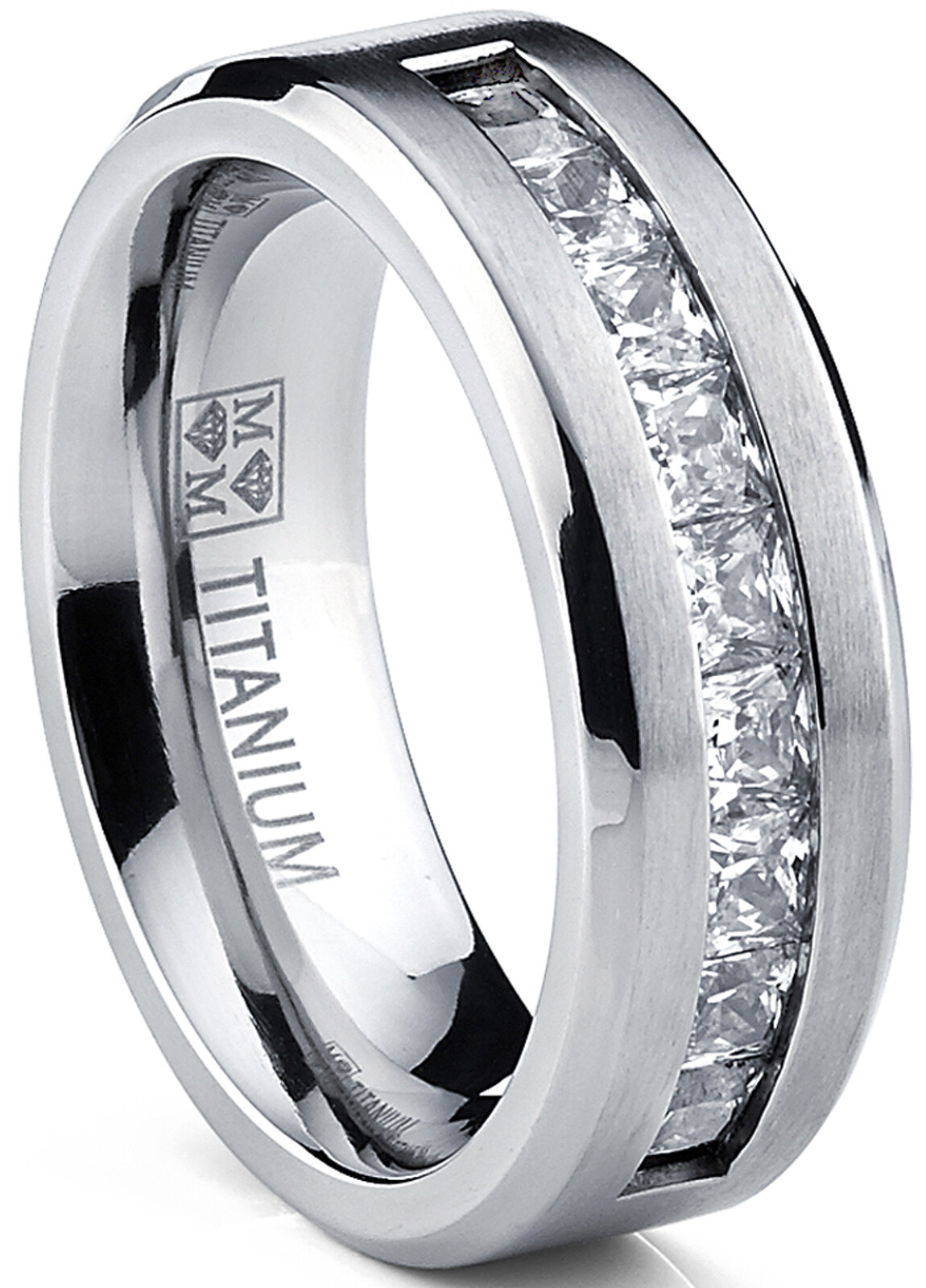 Titanium Men’s Wedding Band Engagement Ring with 9 large Princess Cut CZ