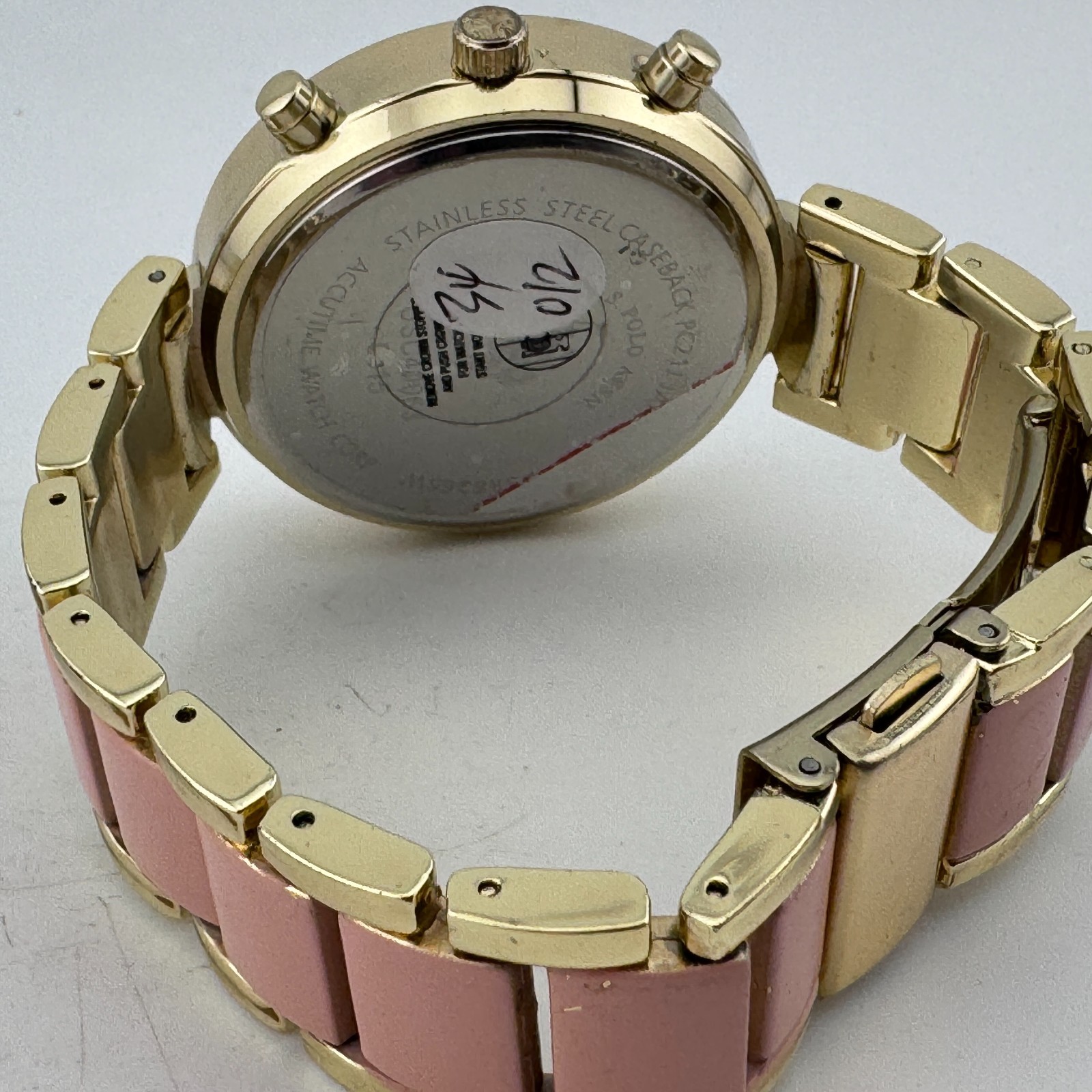 US Polo Assn Quartz Watch Women 40mm Gold Tone Pink Rhinestone New Battery 6.75″