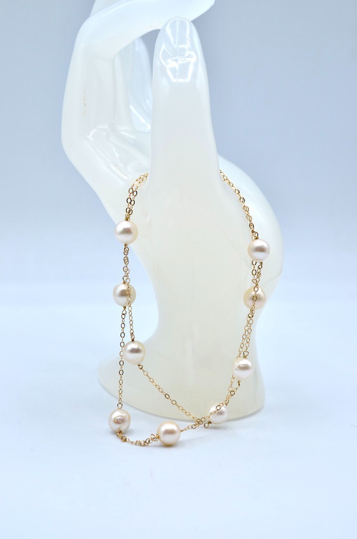 Vintage 14k Gold & White Pearl Necklace – 10 Pearls ~6.9mm – 16.25″ – 5.5g