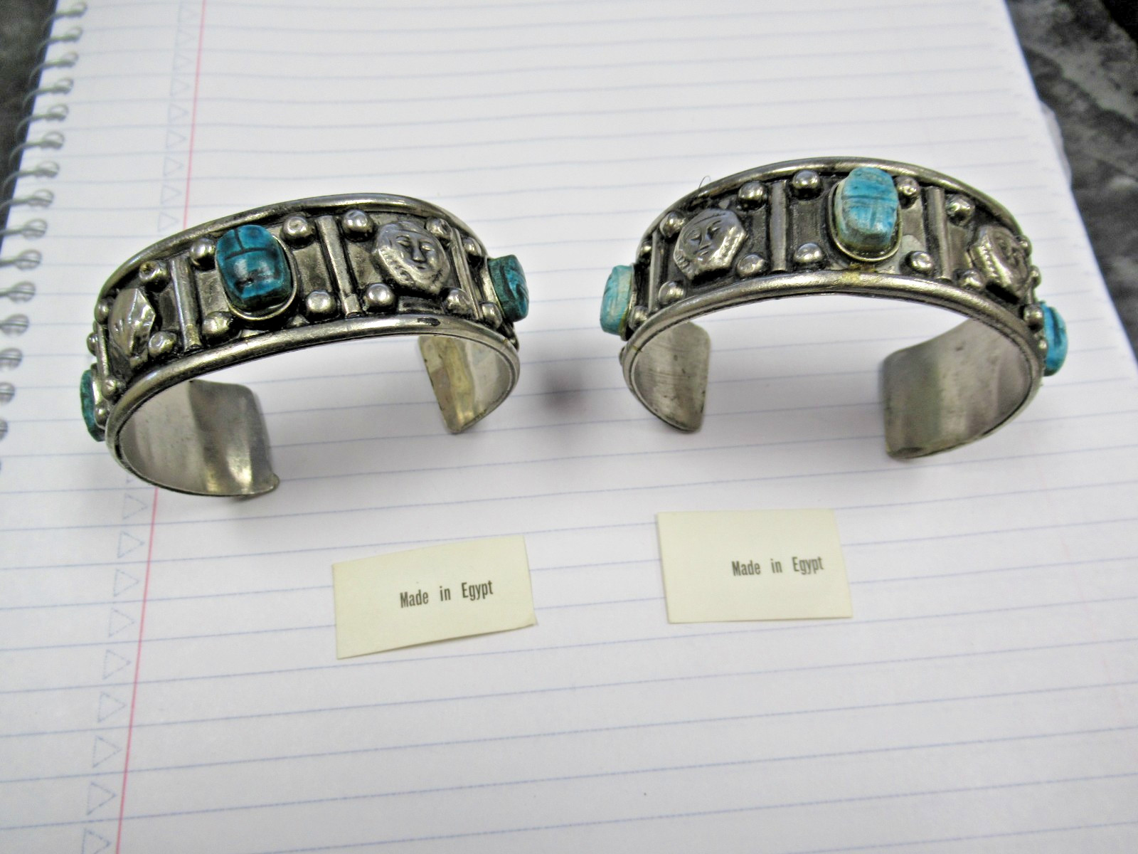 2 Vintage Made Egypt Egyptian Faience 3 Scarab Costume Jewelry Cuff Bracelets