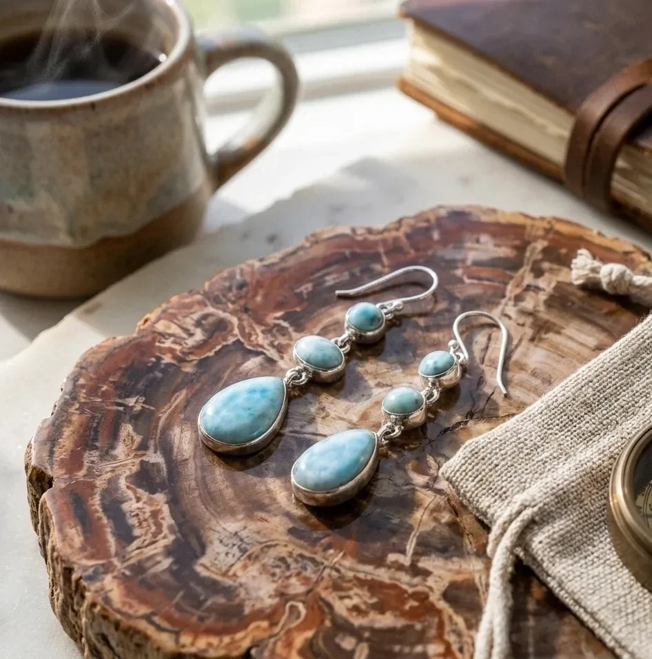 Natural Larimar Drop Dangle Earrings Pear Shape Blue Gemstone Jewelry For Women