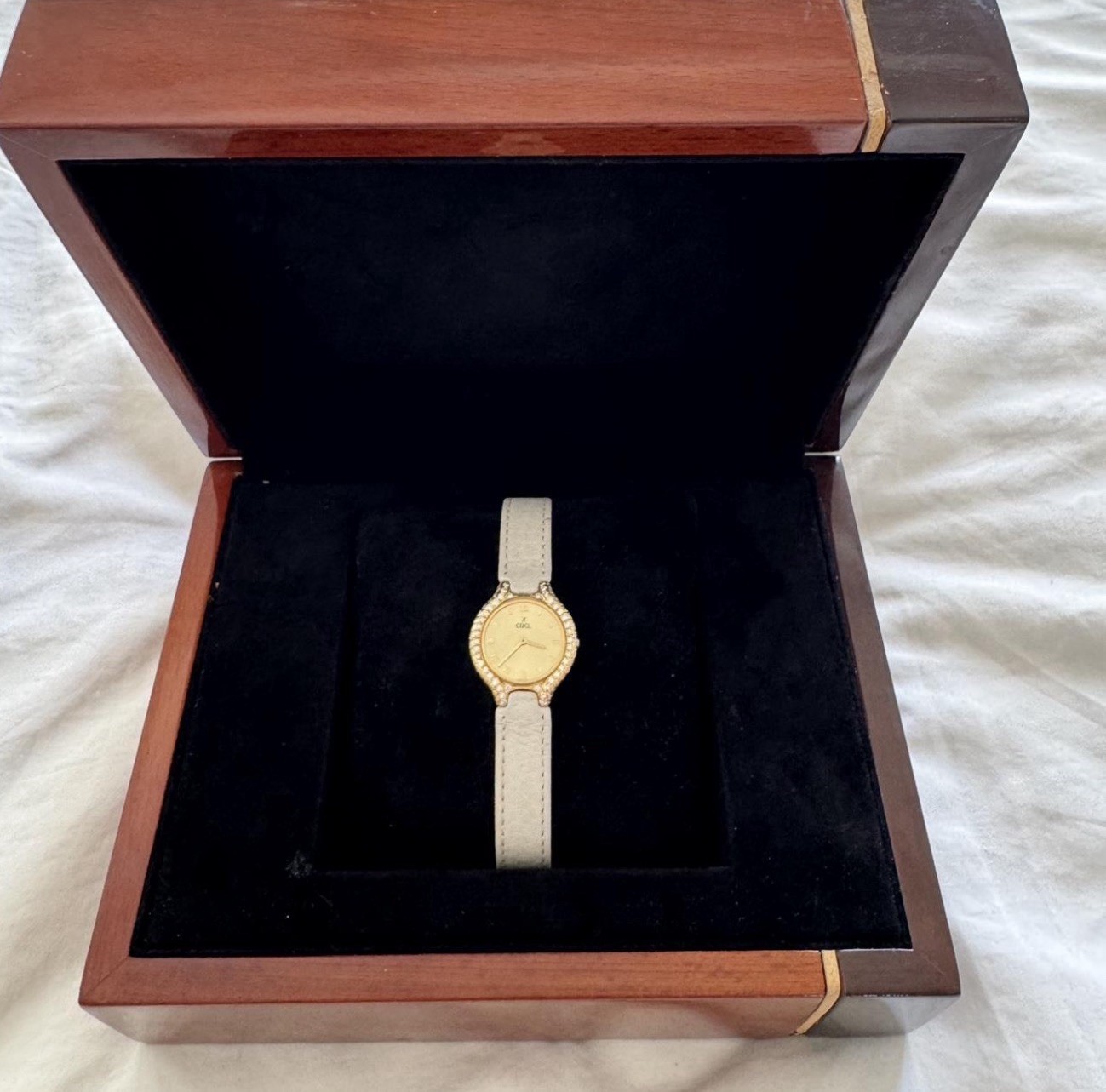 EBEL Beluga Vintage Quartz Gold Dial Roman Numerals Gem-Set Bezel White Leather