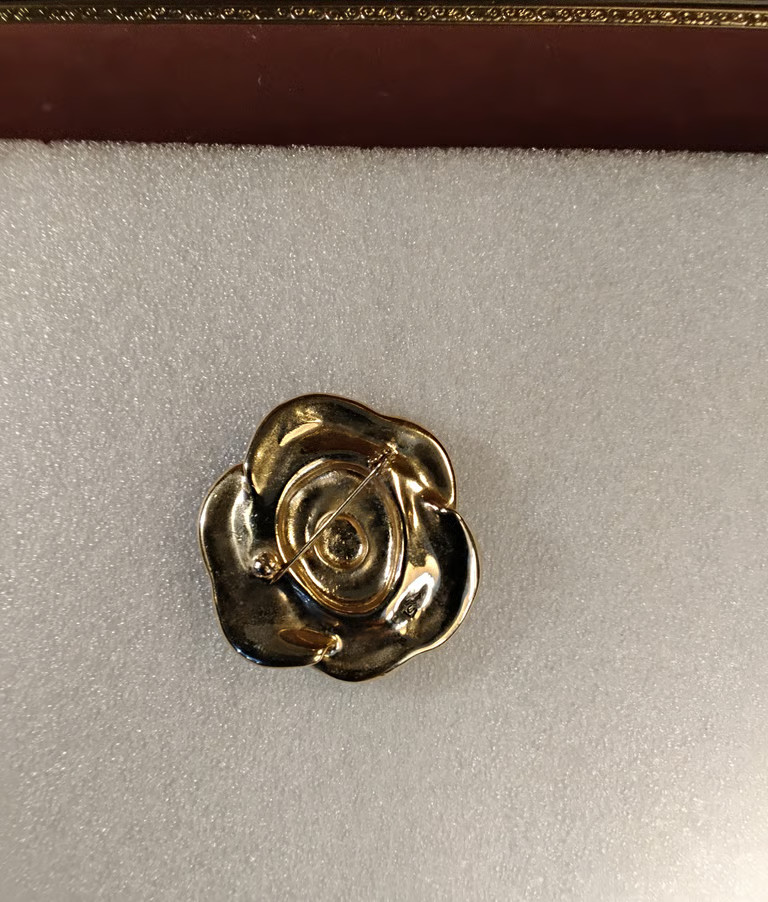 Liz Claiborne Gold-Tone Enamel and Amber Rhinestone Rose Brooch