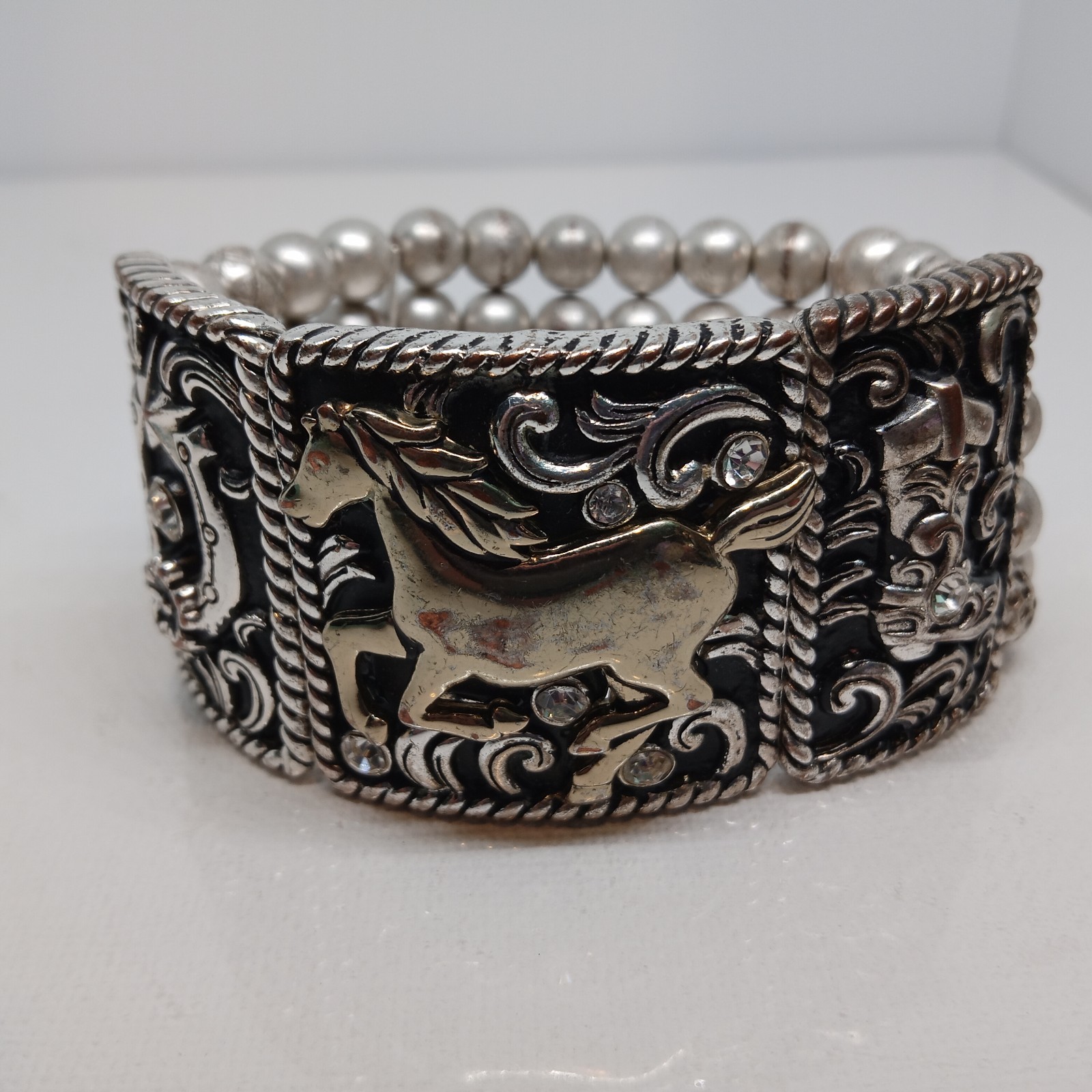 Horse Horseshoe Boot Silvertone Faux Silver Grey Designs Beads 4 Strands Stretch