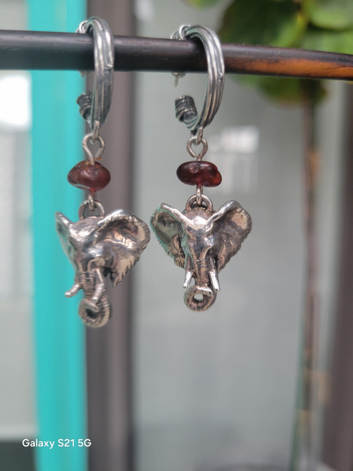 Susan Cummings Elephant Earrings Dangle Sterling Silver & Amber 2″ Long 1990s