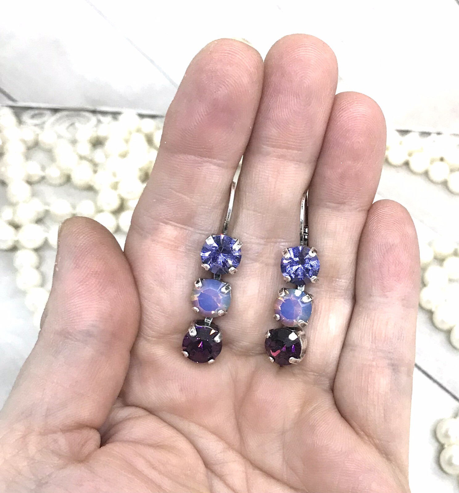 Triple Stone Cup Chain Crystal Earrings made with Purple Austrian Crystals