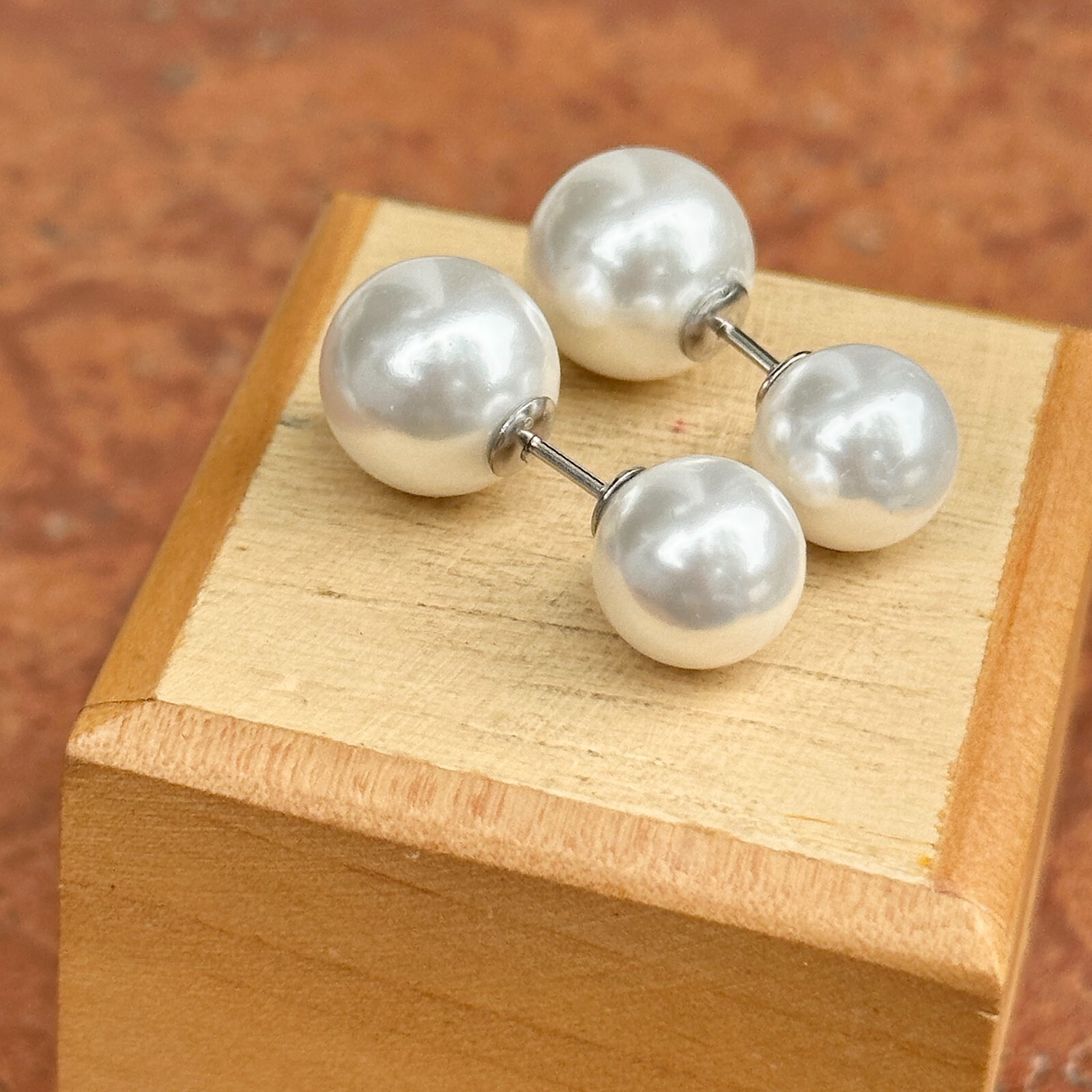 Sterling Silver Double-Ended White Double Pearl Ball Stud Earrings NEW