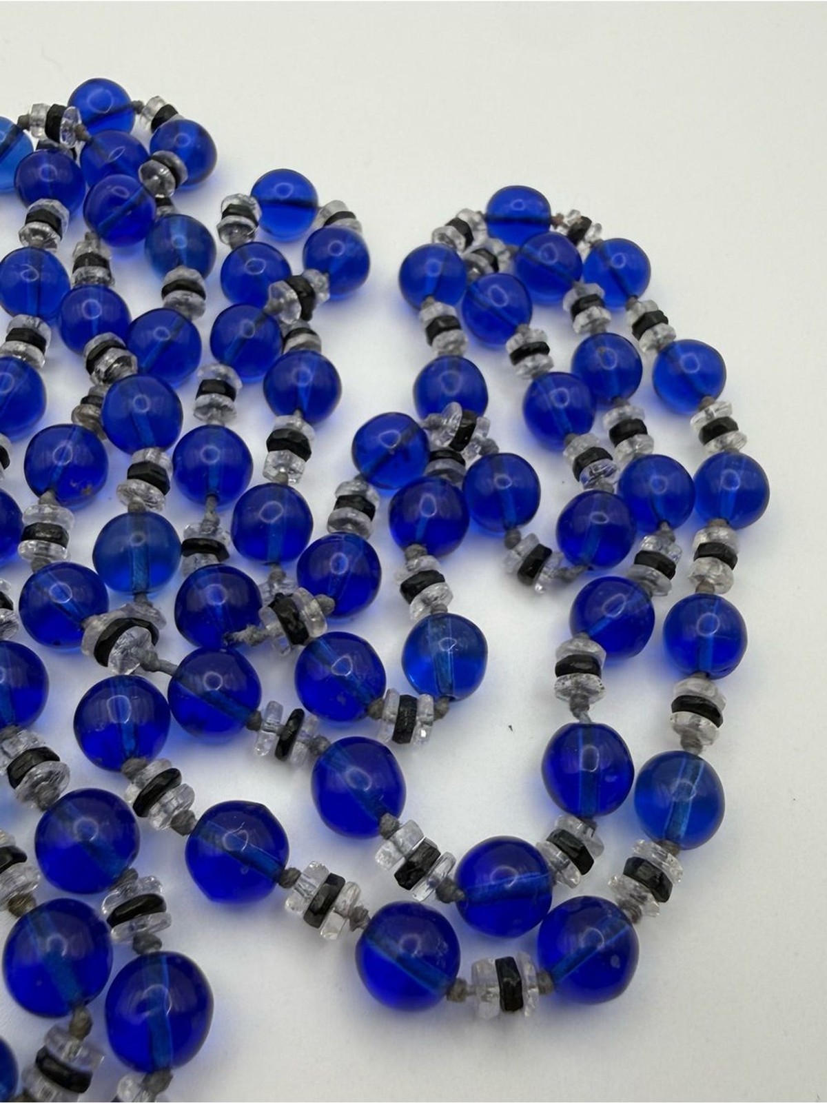 Cobalt blue long Vintage 1930s Glass Bead Necklace Round Beads