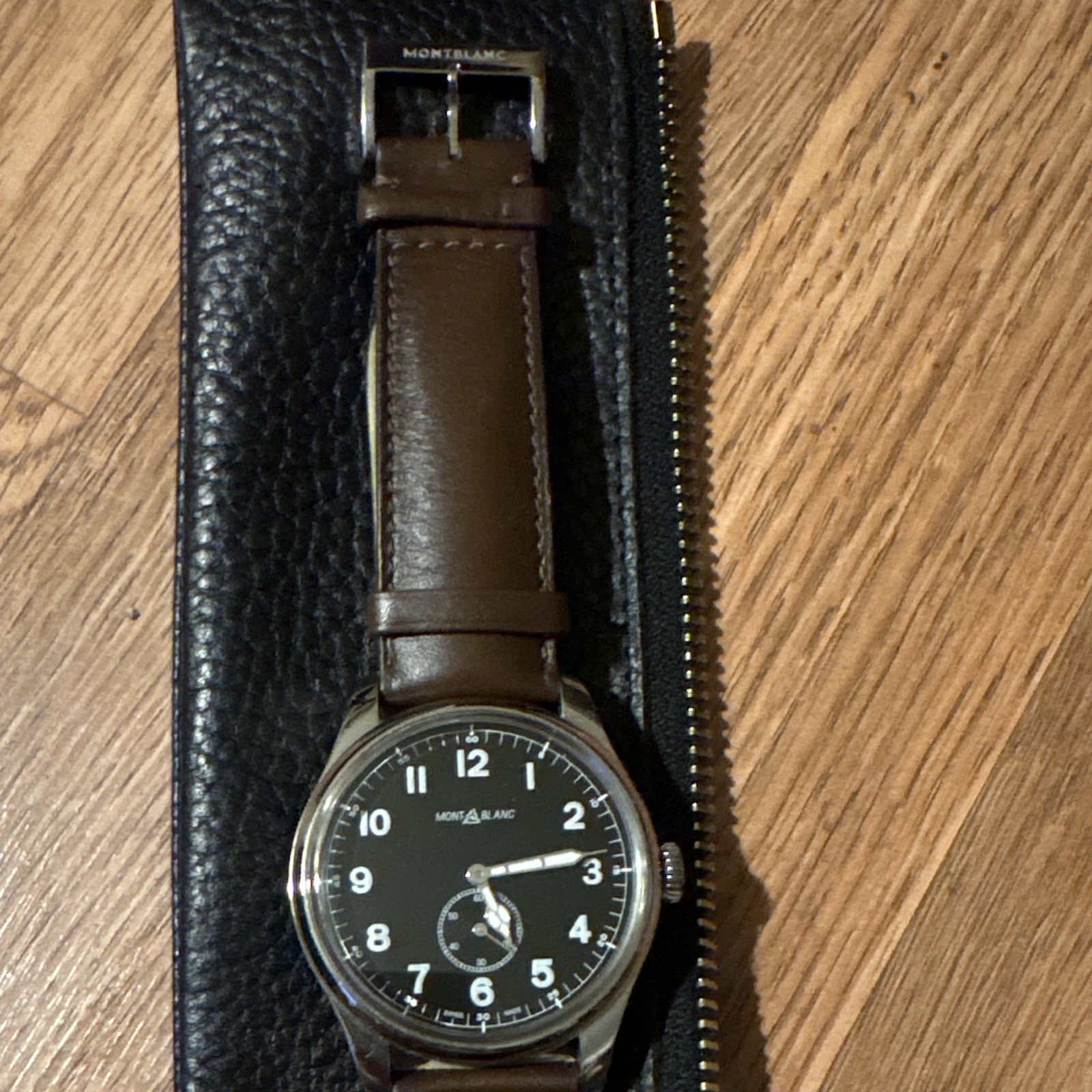 Montblanc 1858 Swiss Made Manual Wind 44mm Black Dial Brown Leather Strap
