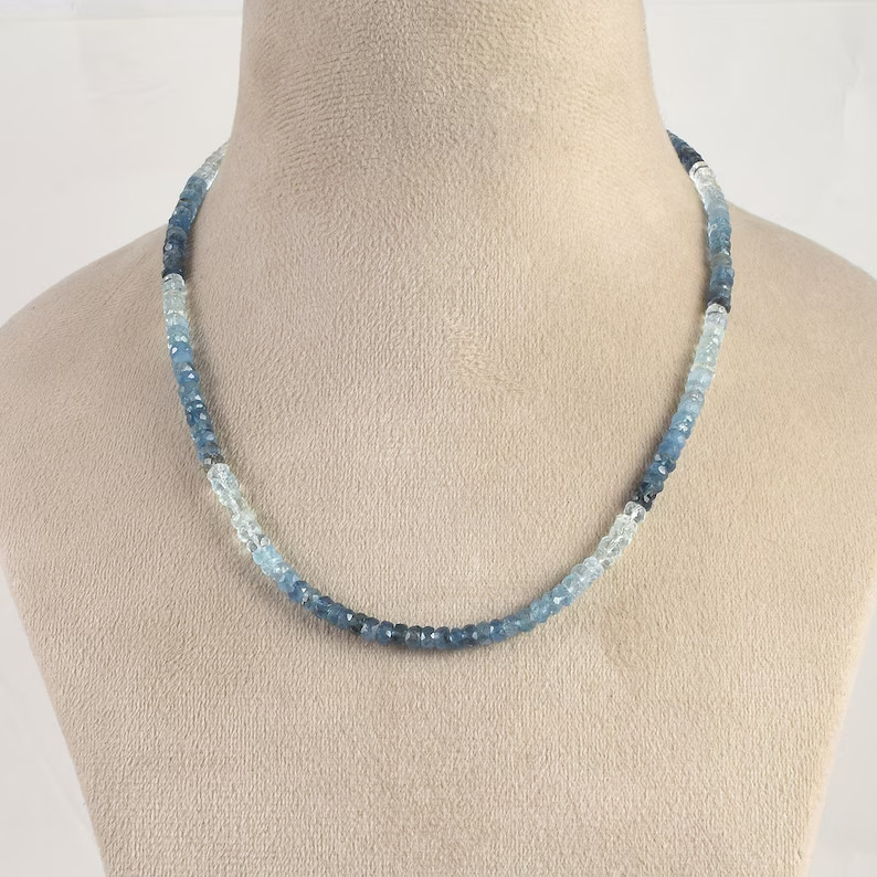 Natural Santa Maria Aquamarine 4mm Beaded Necklace 925 Silver Handmade Gift 18″