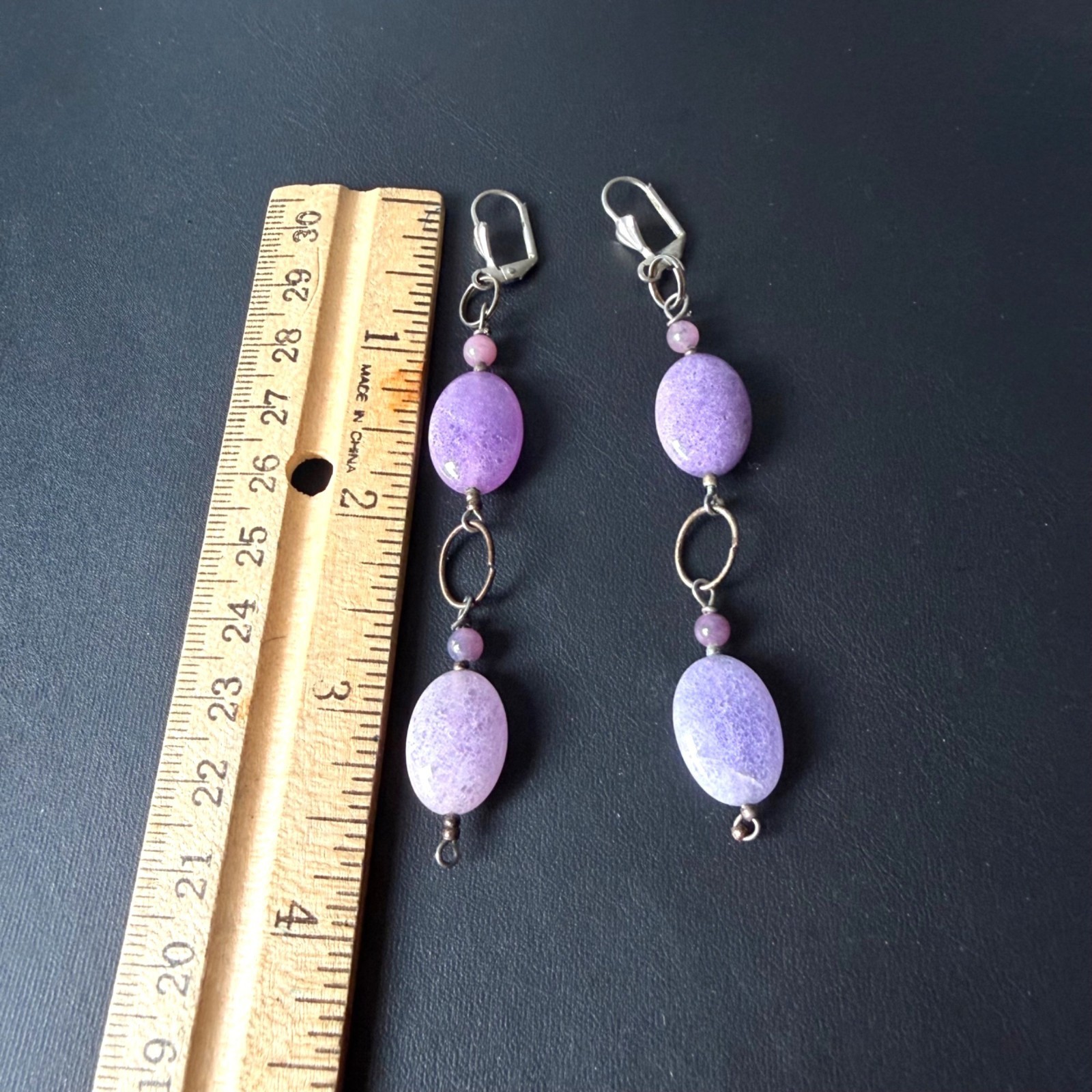Earrings Oval Purple Bead Stone Dangle Drop Boho Artisan Silver Tone 3.5 inches