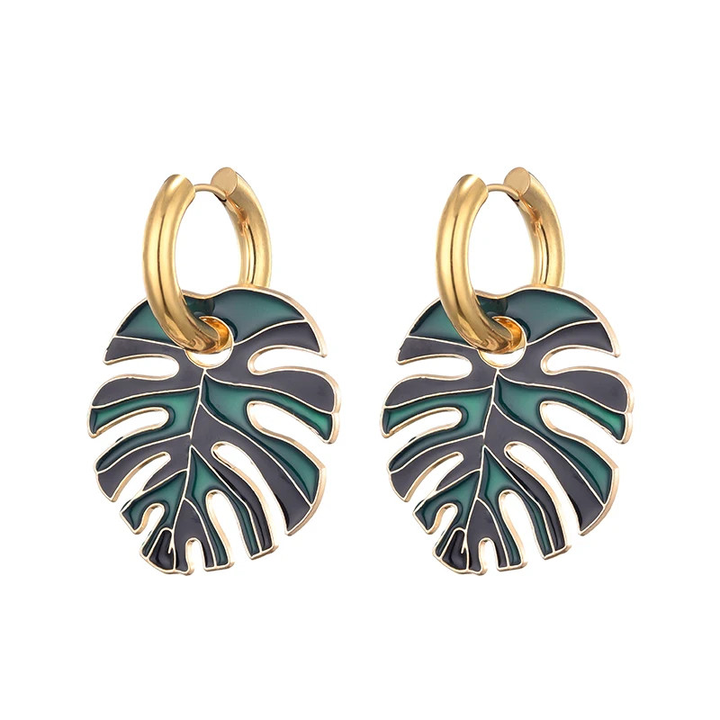 Colorful Big Leaf Pendant Gold Color Stainless Steel Earrings For Women