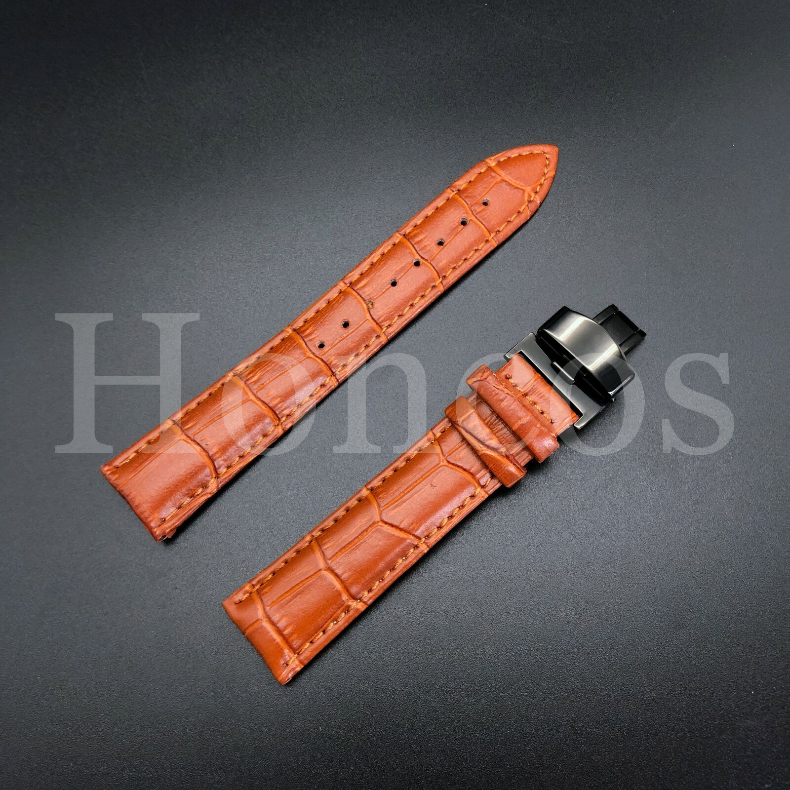 22mm Brown Genuine Leather Watch Band with Black Push Button Deployant Clasp