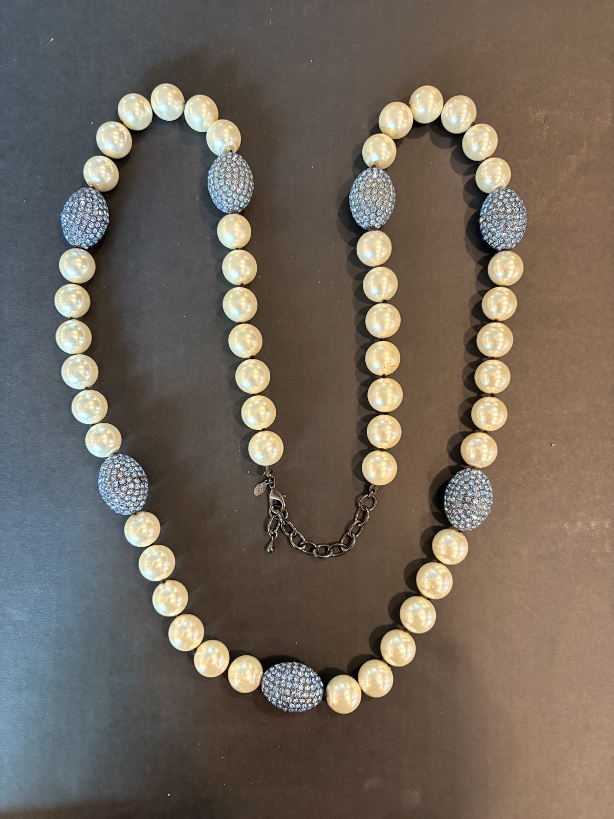 Vintage Joan Boyce Large Faux White Pearl Rhinestone Egg Bead Statement Necklace