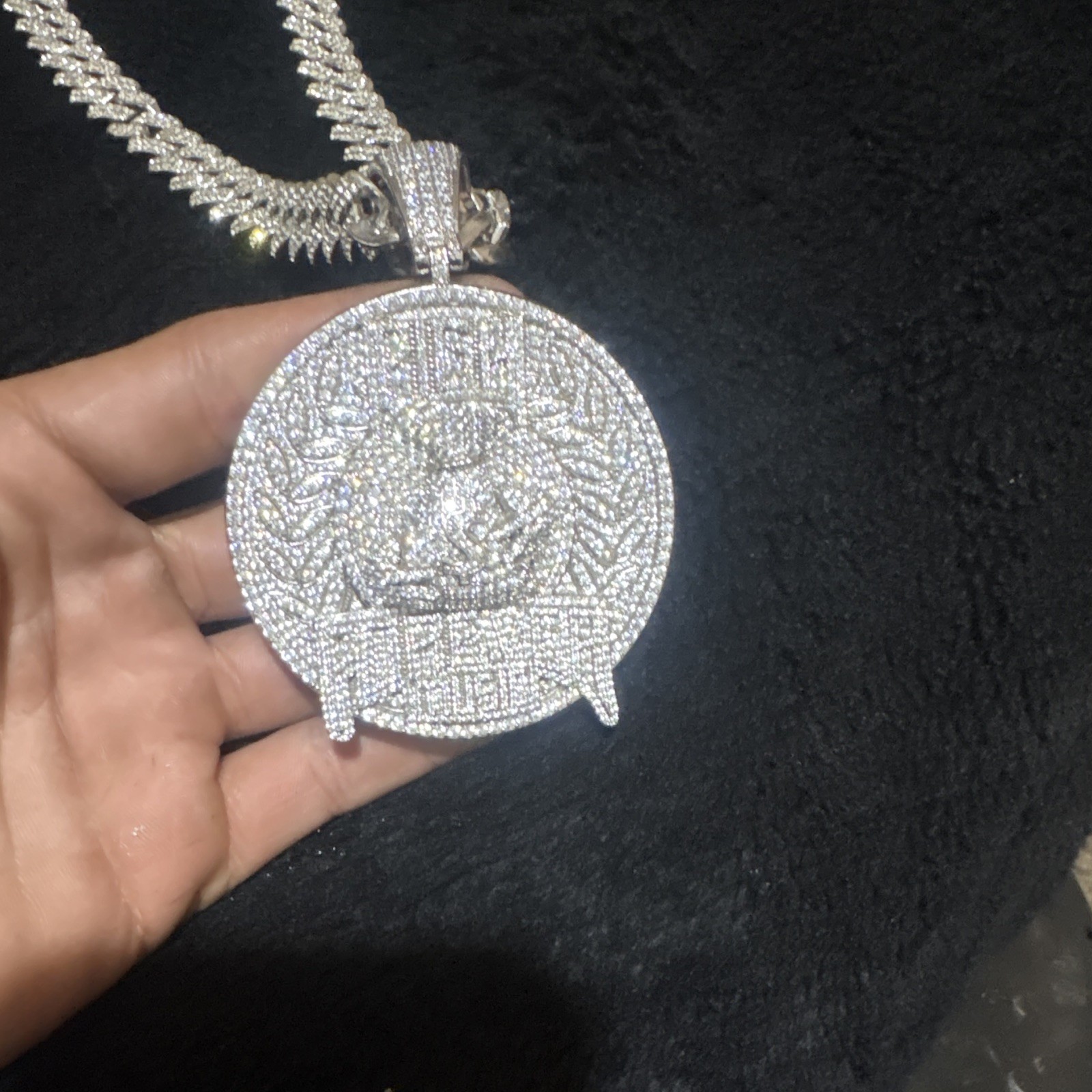 Silver Tone Iced Out Pavé CZ Cuban Link Chain Round Pendant Necklace Box