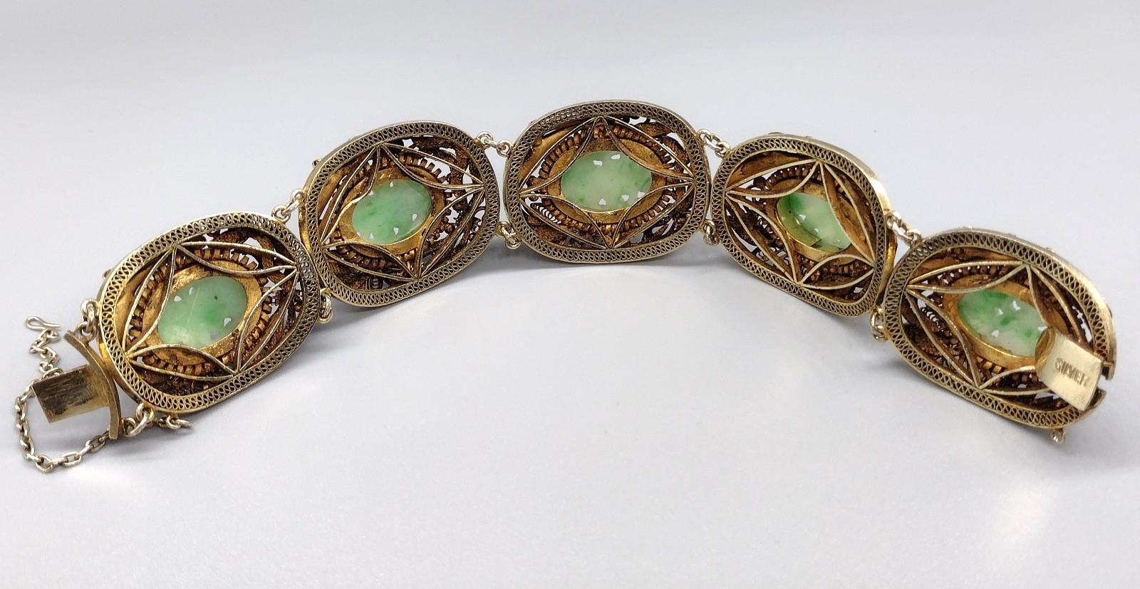 Chinese Export Carved Jade Gilt Silver Filigree Bracelet Vintage Antique Jewelry