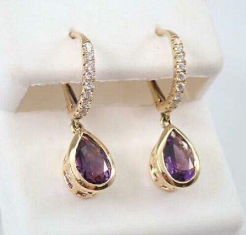 Delicated 4Ct Pear Shape Amethyst Drop/Dangle Earrings 14K Yellow Gold Finish