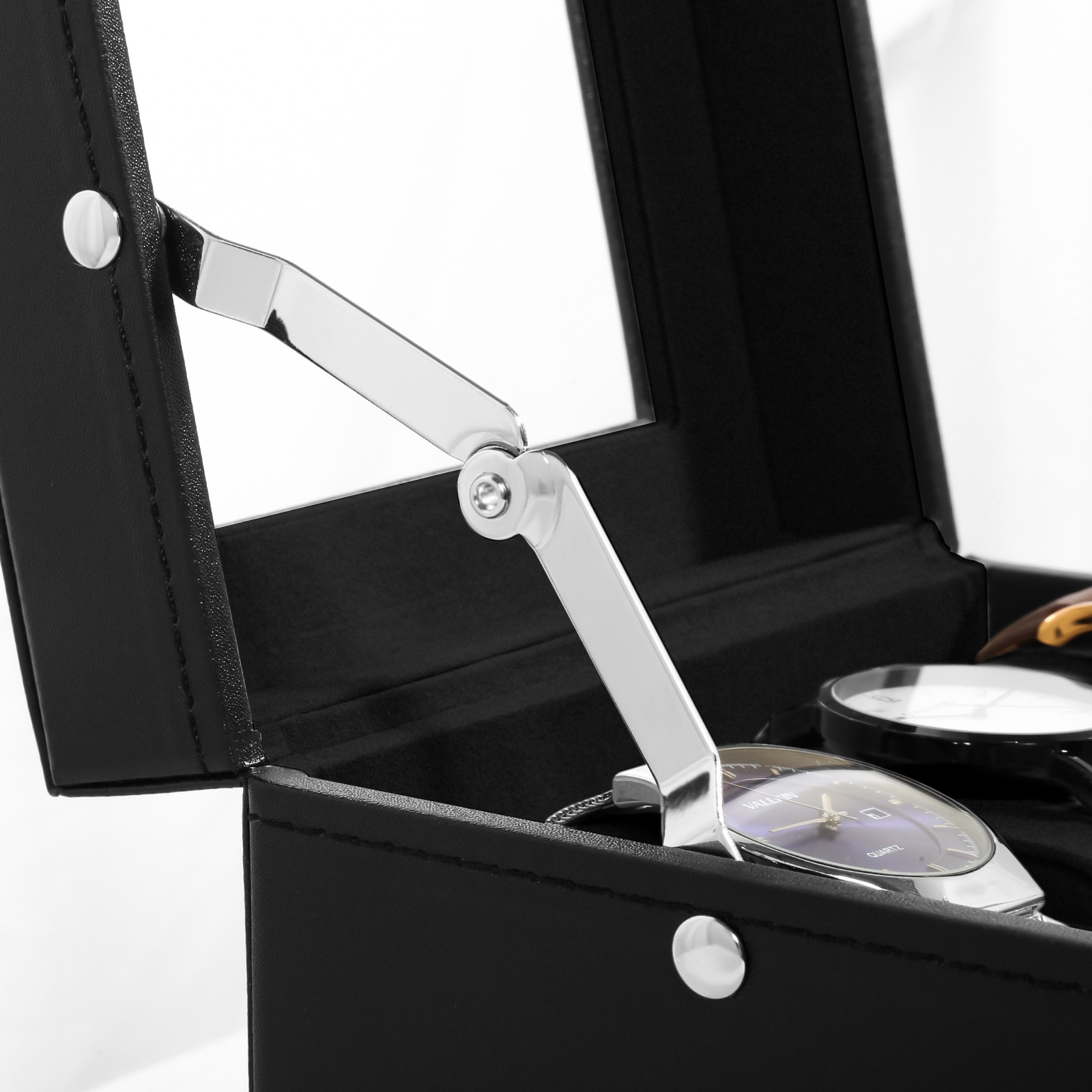 6 Slots Watch Box PU Leather Watch Case Jewelry Storage Glass Lid Display Case