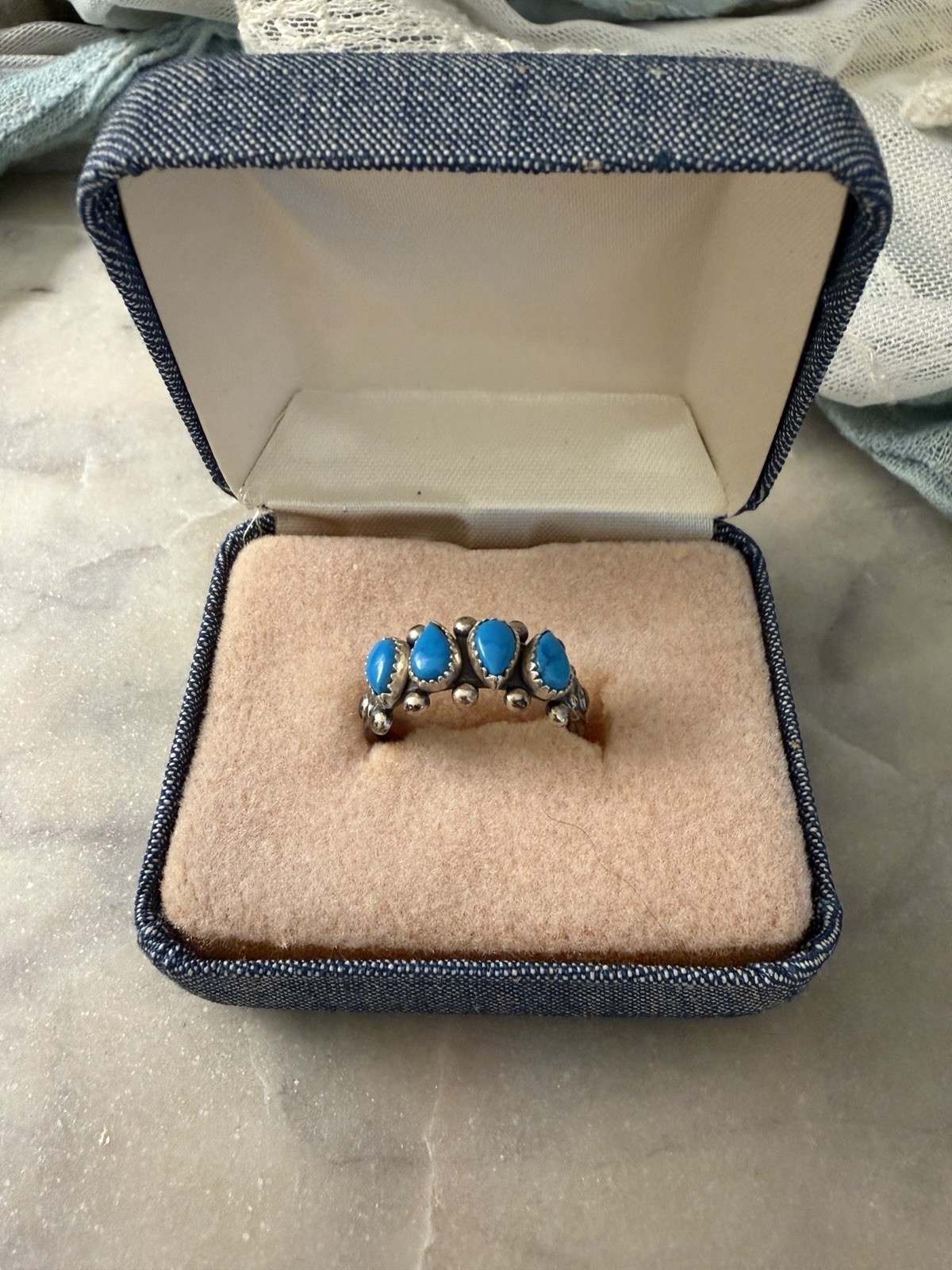 Vtg Wheeler Co. 4 Stone Turquoise Row Ring Sterling Silver 10.5 Boxed
