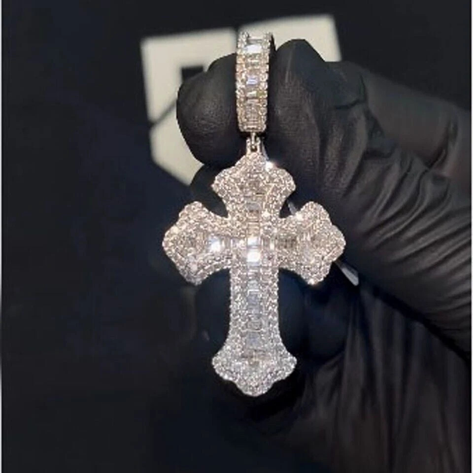 3 Ct Natural Round Moissanite Men’s Baguette Cross Pendant 925 Sterling Silver