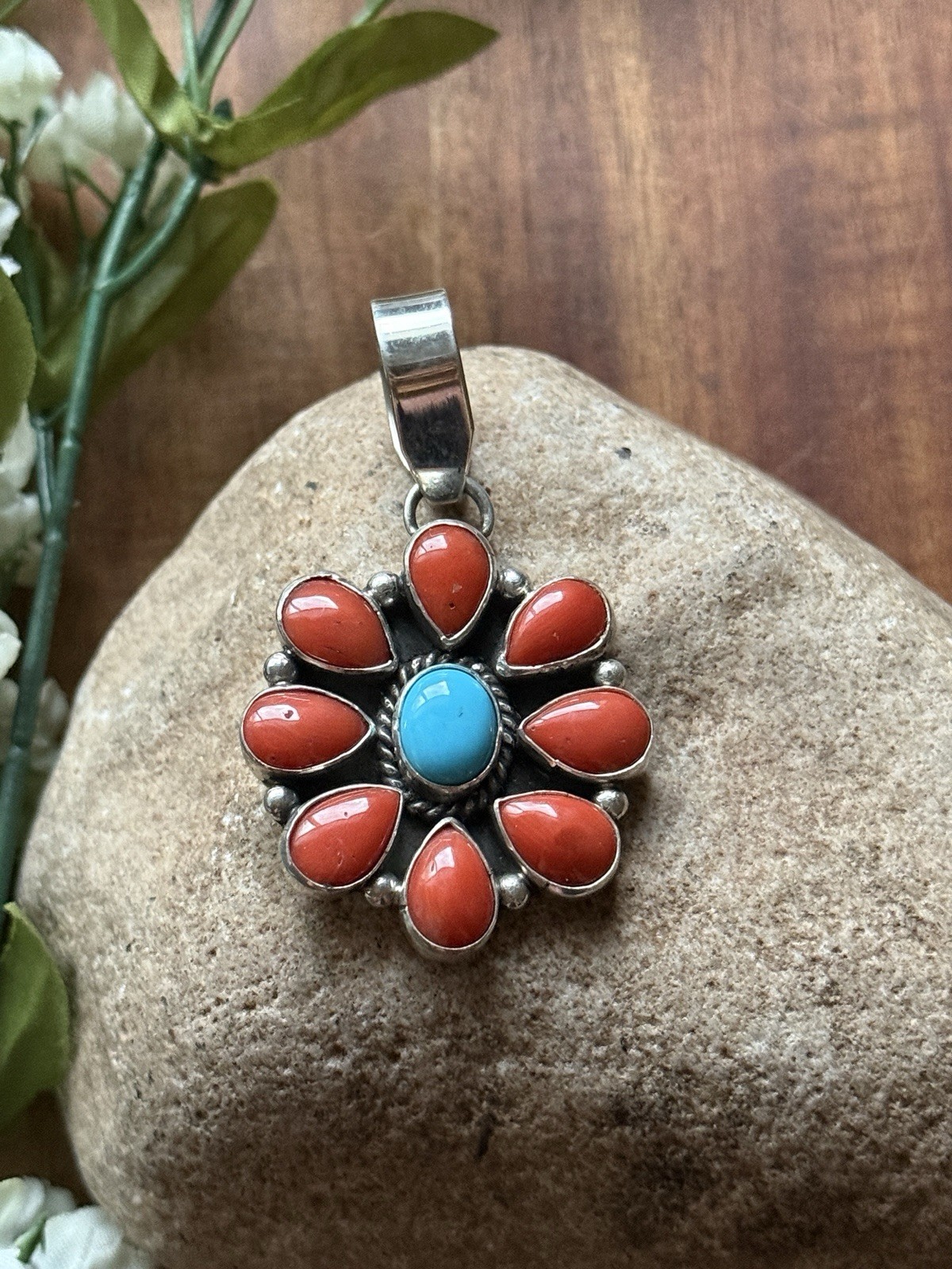 Navajo Sterling Silver Red Coral Turquoise Cluster Pendant LY