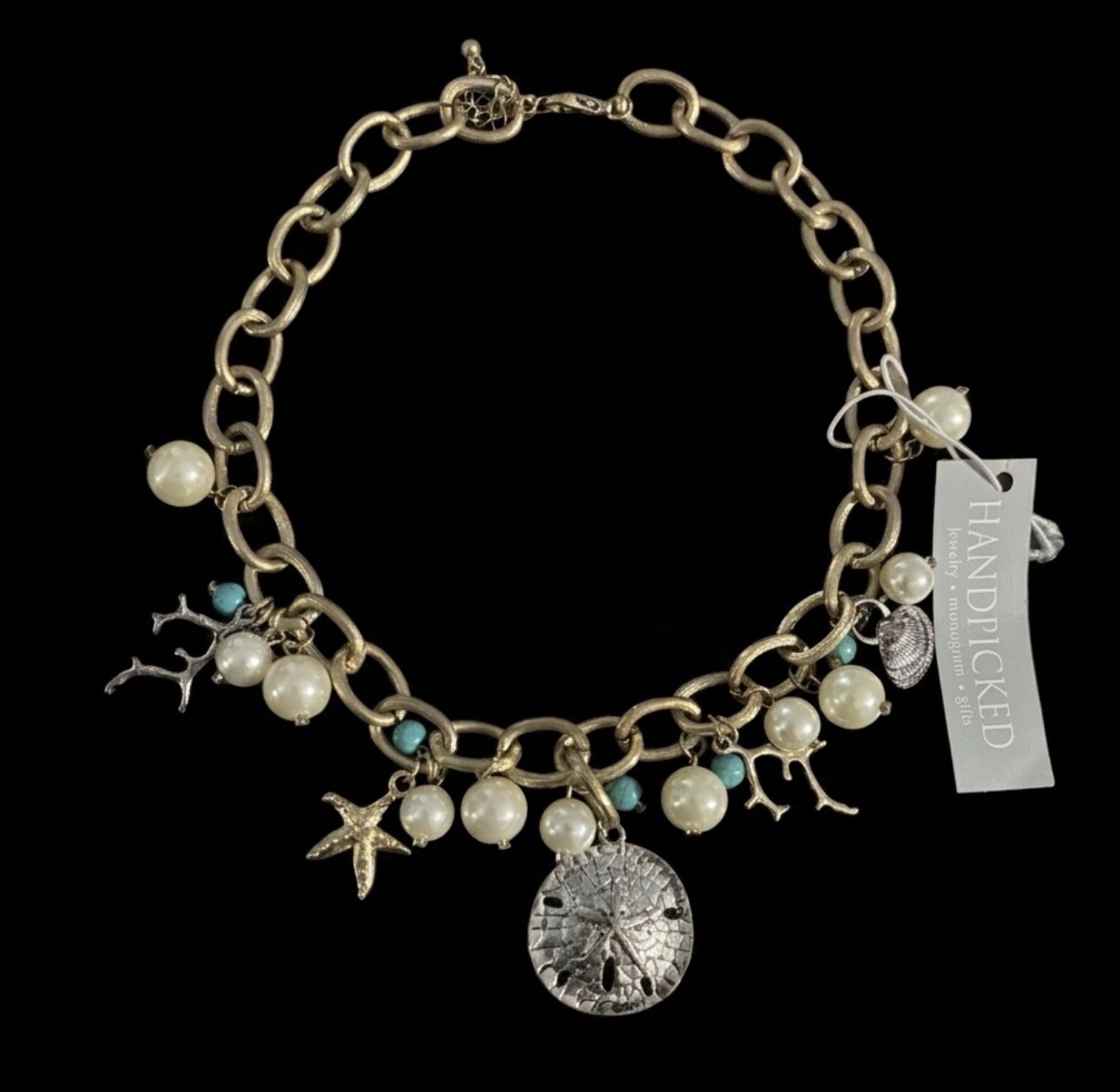 Handpicked Sea Charm Necklace NWT Gold Tone Sand Dollar Pearl Starfish