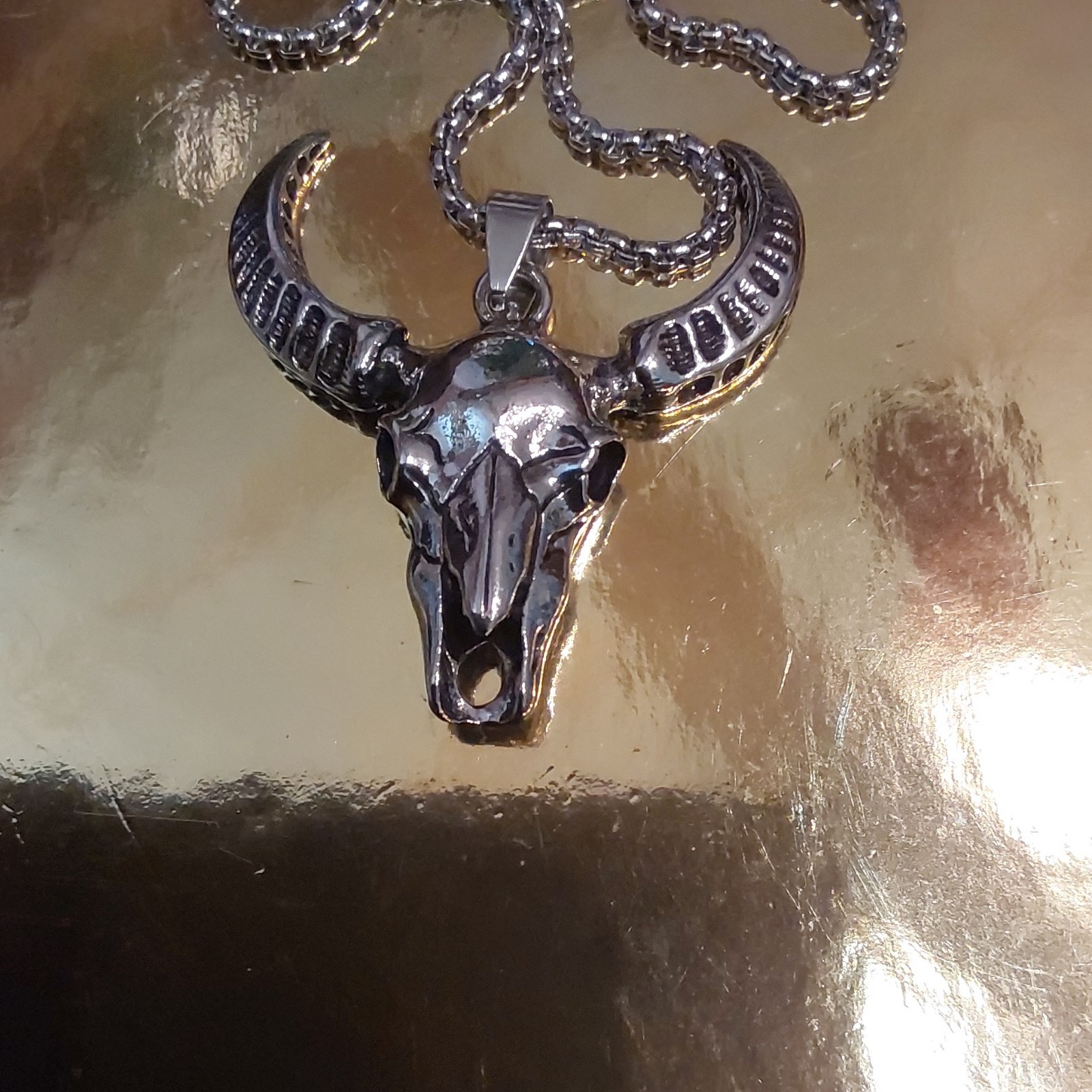 Silver Tone Stainless Steel Bull Skull Charm Pendant Necklace Ball Chain