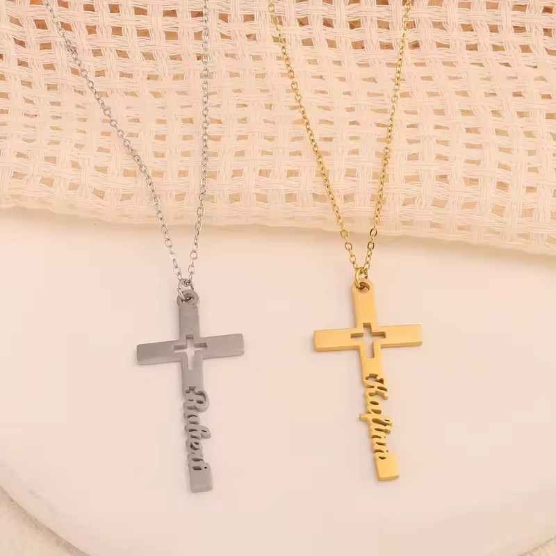Customized Cross Name Necklace Jewelry Pendant Stainless Steel Gold Silver Chain