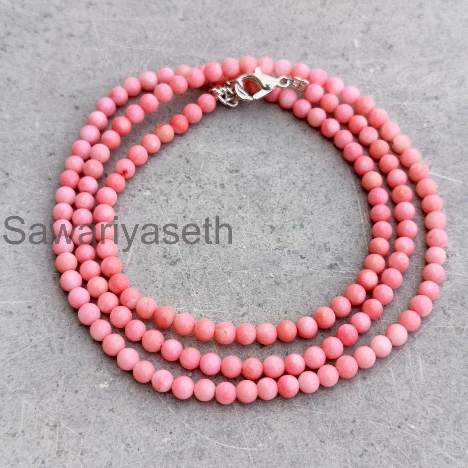 Pink Coral Necklace | 3mm Smooth Beads, Sterling Silver Clasp