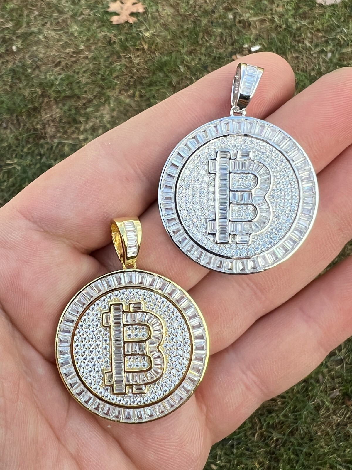Solid 925 Silver 14K Gold Plated Bling Out BITCOIN CZ Hip Hop Pendant Necklace