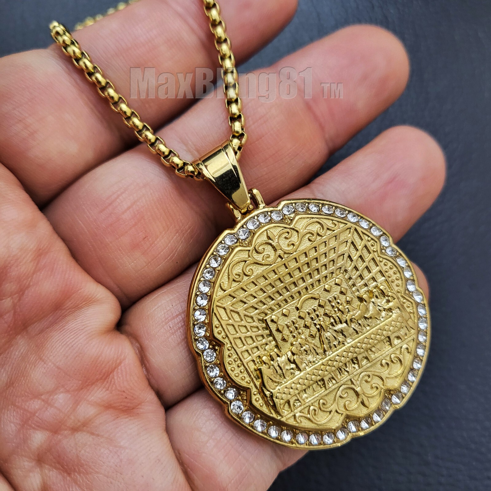 Stainless Steel Last Supper Jesus CZ Religious Pendant & 24″ Rolo Chain Necklace