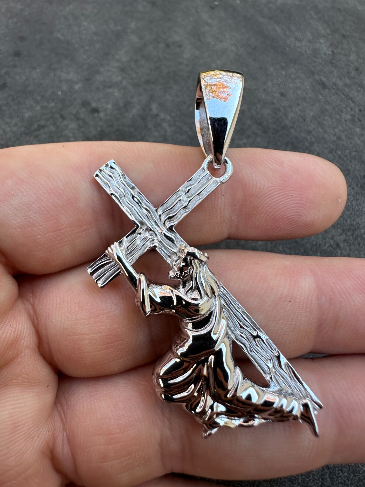 Jesus Carrying Cross Plain Crucifix Pendant Necklace 925 Sterling Silver 3 Sizes