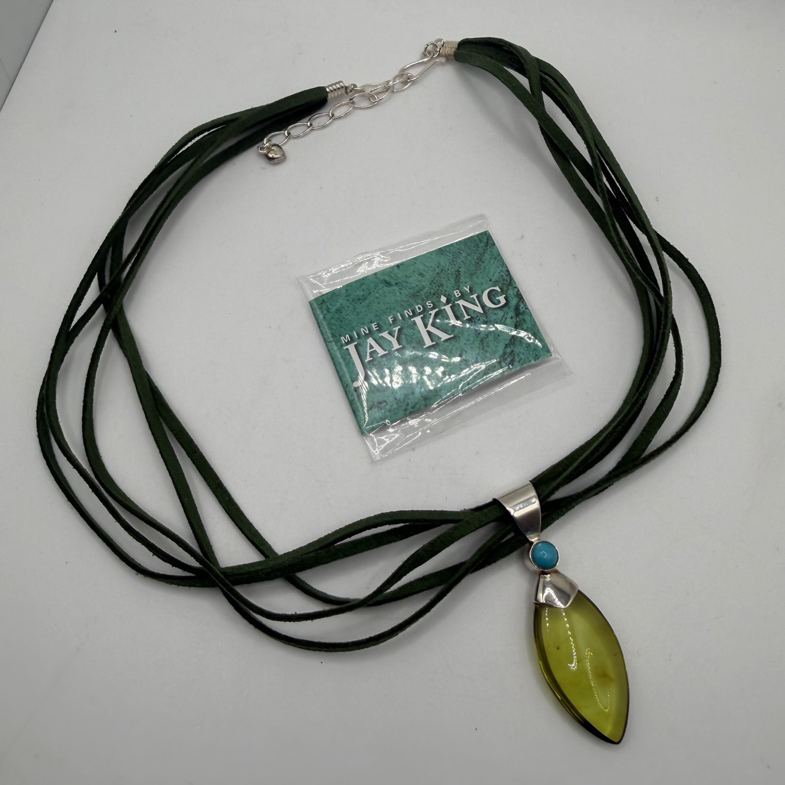 Jay King 925 Green Amber Turquoise Pendant On Green 5 Strand Leather Necklace
