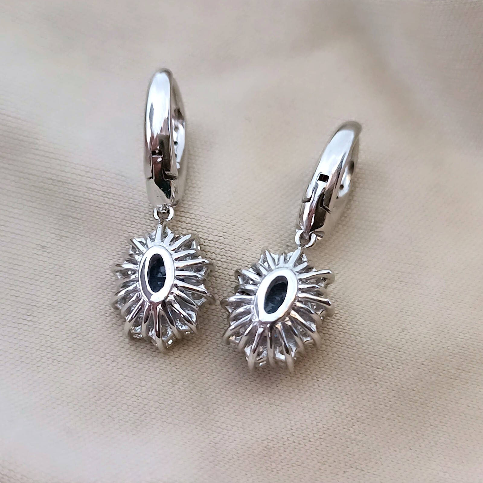 18kt White Gold Diamond Oval Blue Sapphire Nun Earrings