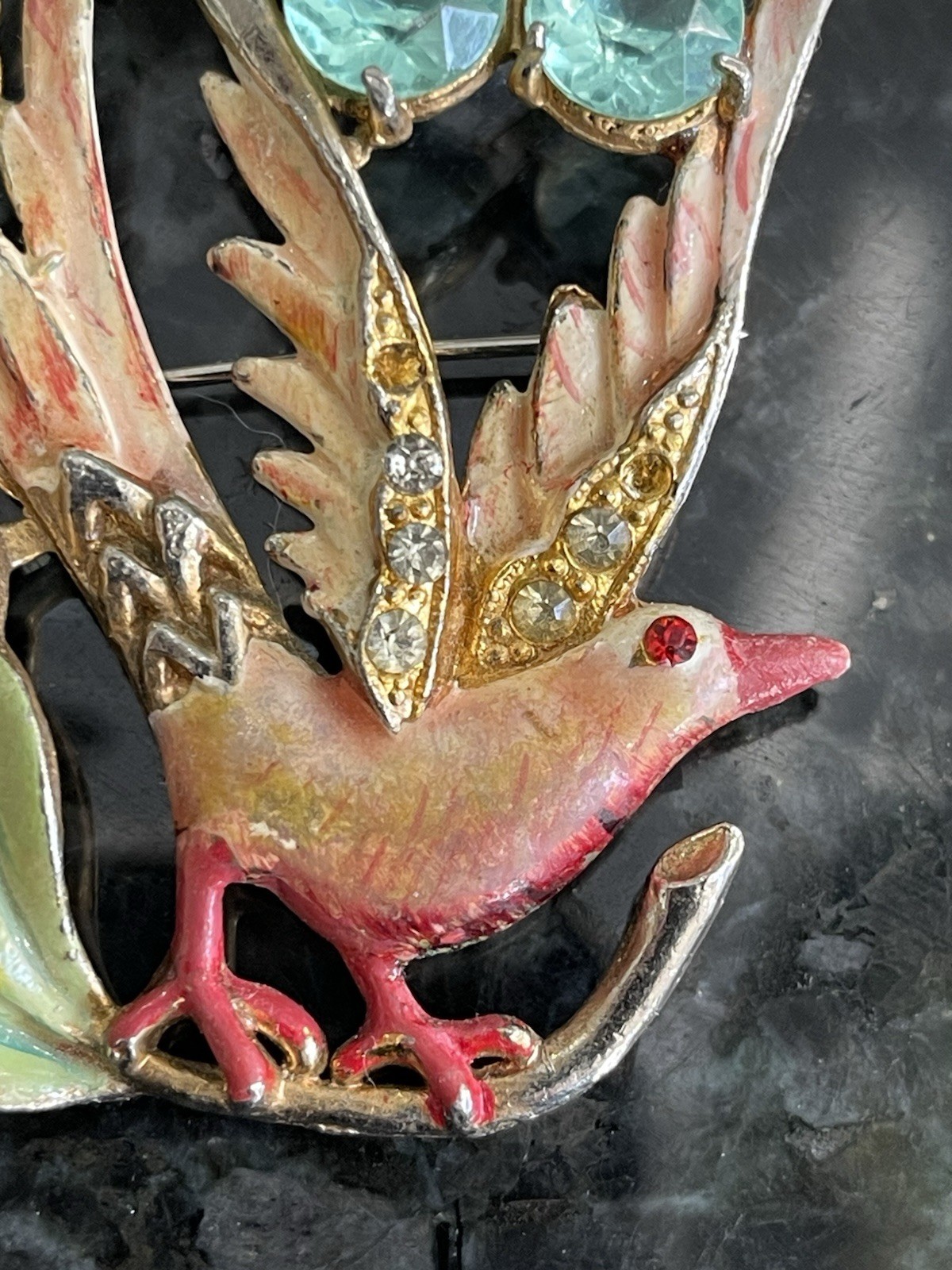 1940s Bird Of Paradise Eden Brooch Pot Metal Enamel Rhinestone Missing 3 Stones