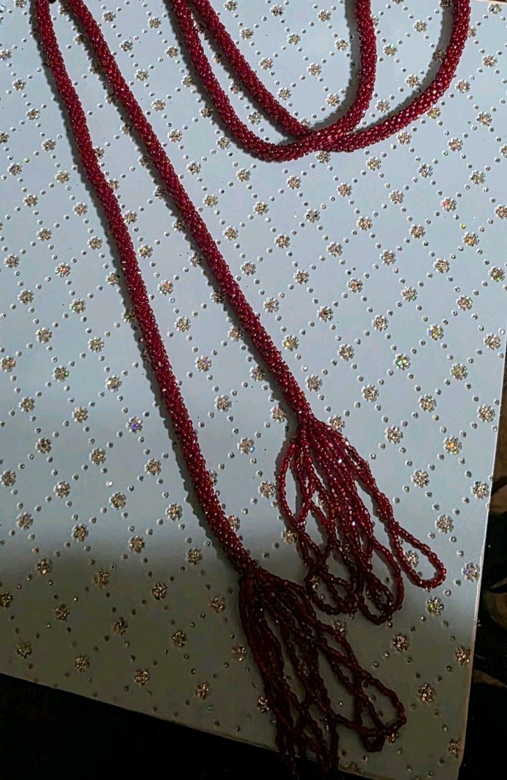1920’s Flapper Hand-beaded Maroon 32″ Long Necklace. Glass Beads -Knot